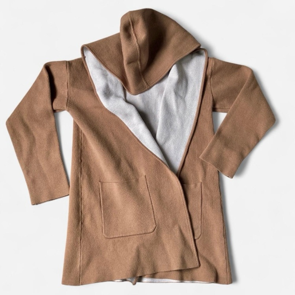 Magaschoni Brown Hooded coat women’s quiet luxury brown cream cozy - size small